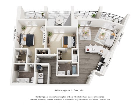 A floor plan of a house with a living room, dining room, kitchen, and two bedrooms.